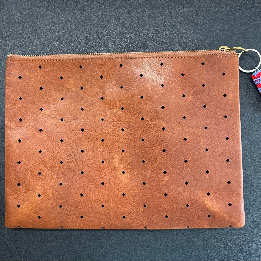 Madewell Perforated Brown Leather Wristlet Clutch